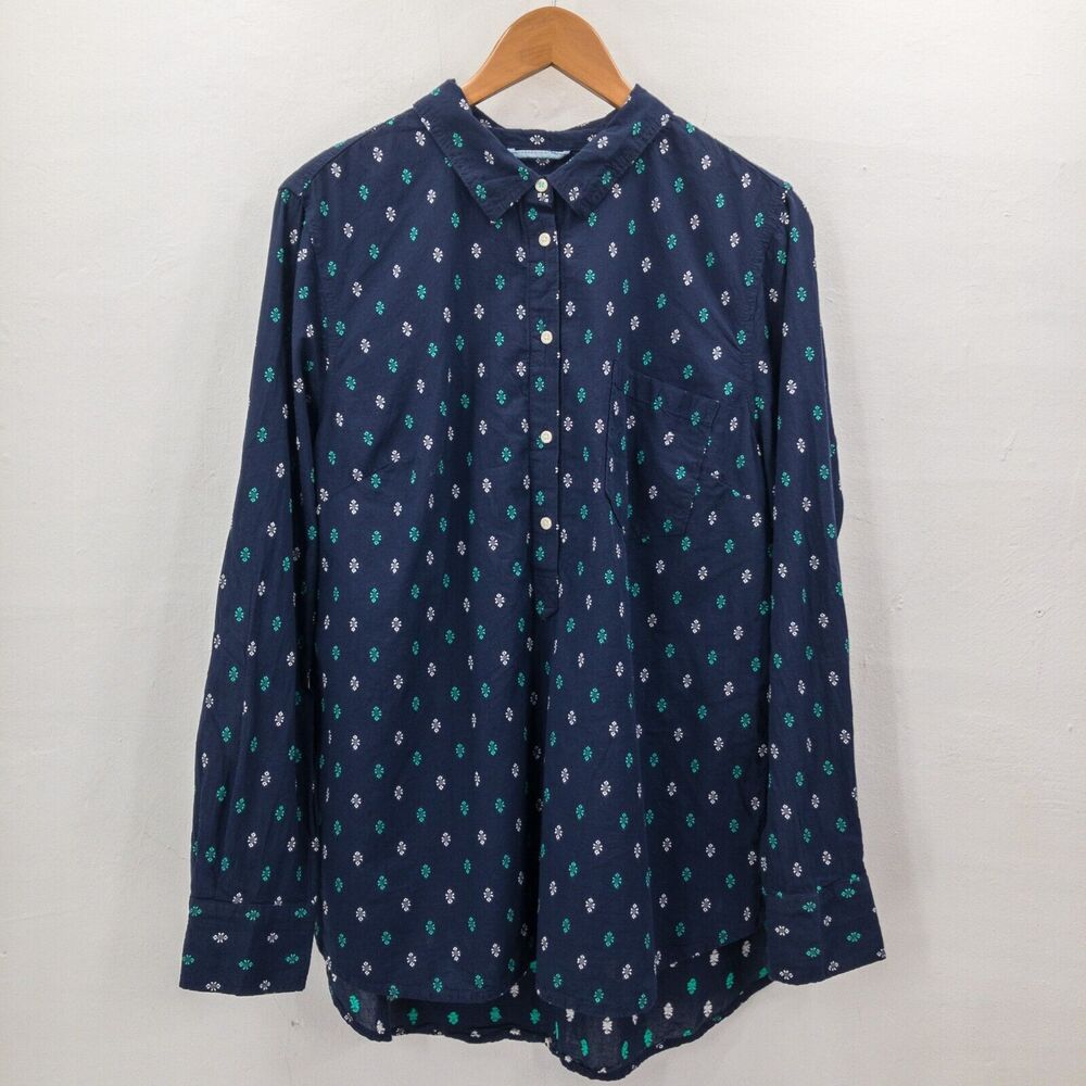 Merona Long Sleeve Button Up Shirt Top Size XXL Blue Print